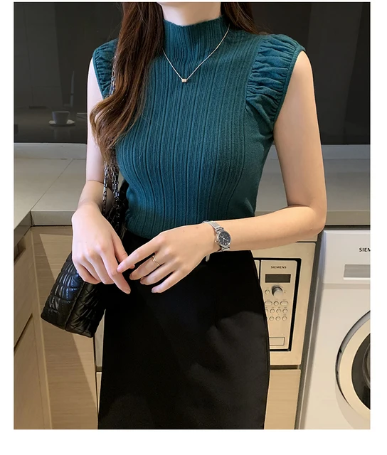 Women Tops Half High Collar Vest Solid Casual Female Sleeveless Knitted Summer Half Turtleneck Knitted Sleeveless T-Shirt