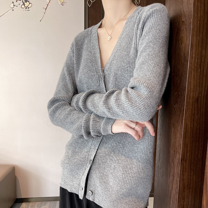 Spring and Autumn Chic V-Neck Striped Cashmere Cardigan Women Cashmere Sweater Long Sleeve Knitting Cardigan Women's