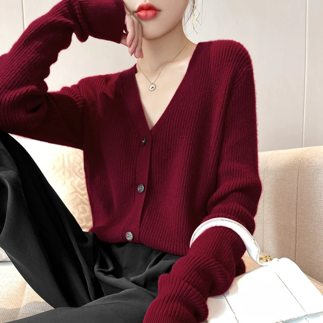 Spring and Autumn Chic V-Neck Striped Cashmere Cardigan Women Cashmere Sweater Long Sleeve Knitting Cardigan Women's