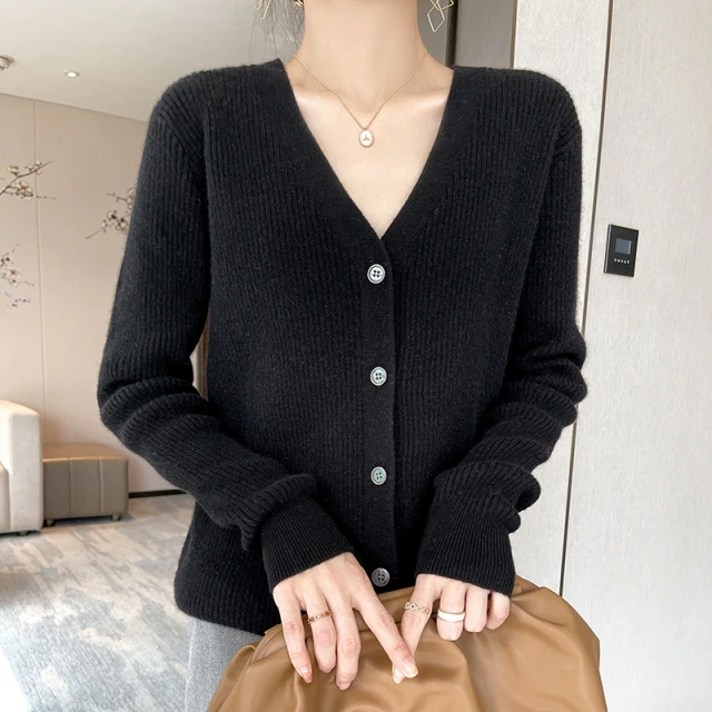 Spring and Autumn Chic V-Neck Striped Cashmere Cardigan Women Cashmere Sweater Long Sleeve Knitting Cardigan Women's